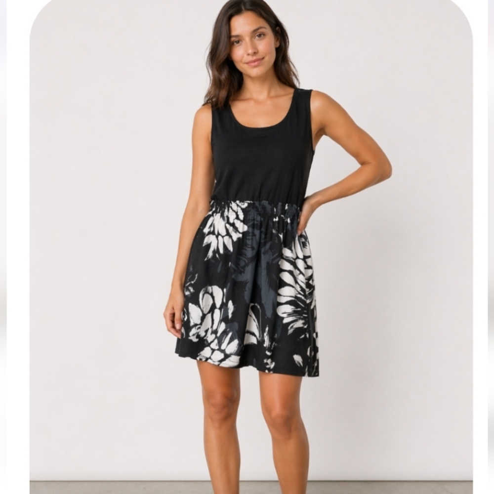 Style & Co. Sun & Sand Floral Petite Large Sleeveless Dress Black White